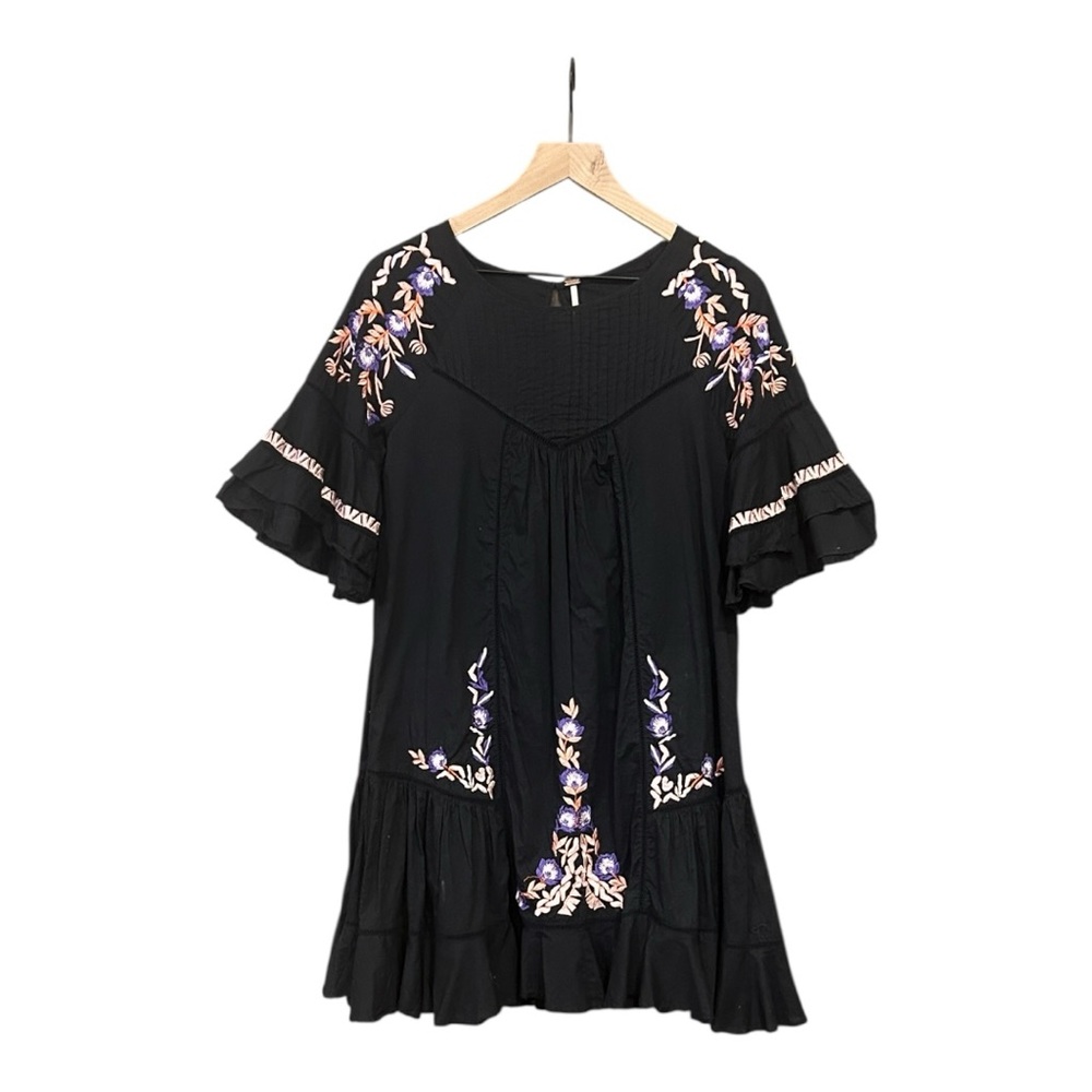 Free People Pavlo Embroidered Ruffle Mini Dress Black Women’s  Size Small - Picture 2 of 14